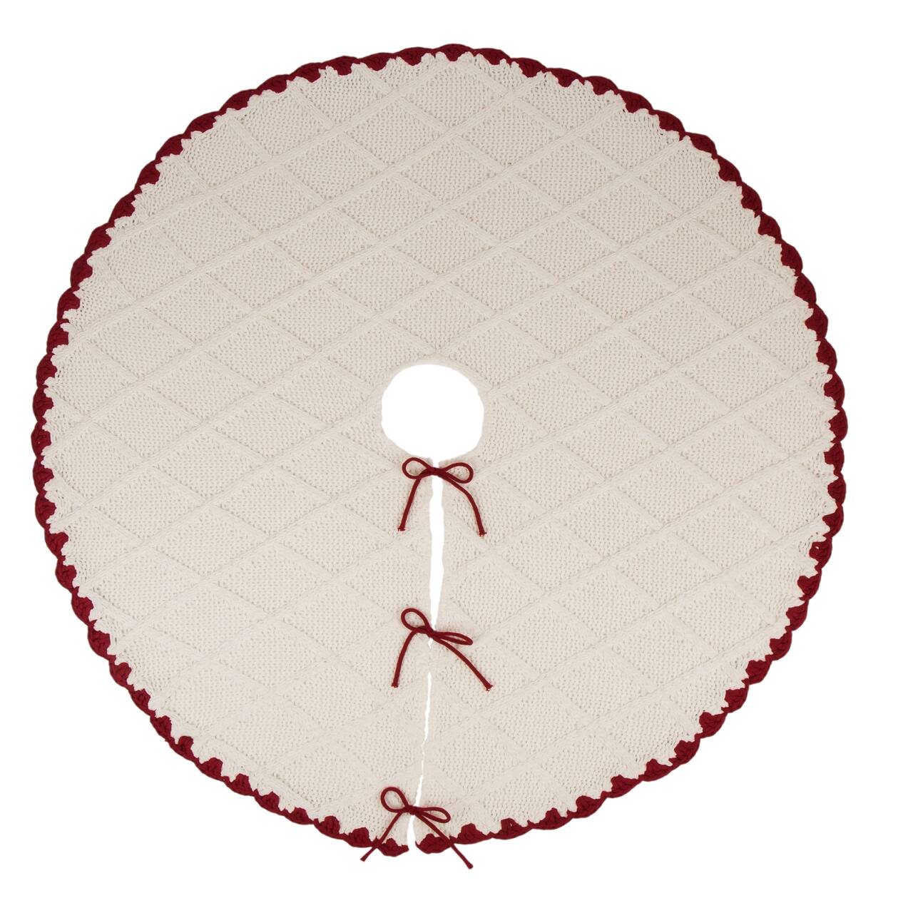 Glitzhome® 52" Knitted White Christmas Tree Skirt with Red Trim & Pom Pom